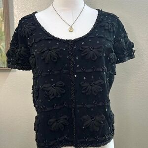 Joseph A Beaded 3D Floral‎ Short Sleeve Cardigan  Blouse - Size L
